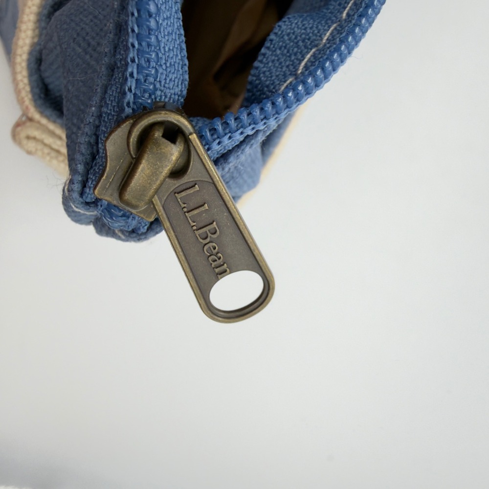 LL Bean Boat and Tote Zip Top Canvas Bag Blue White Stripe Yellow Dog Leather - Picture 4 of 7